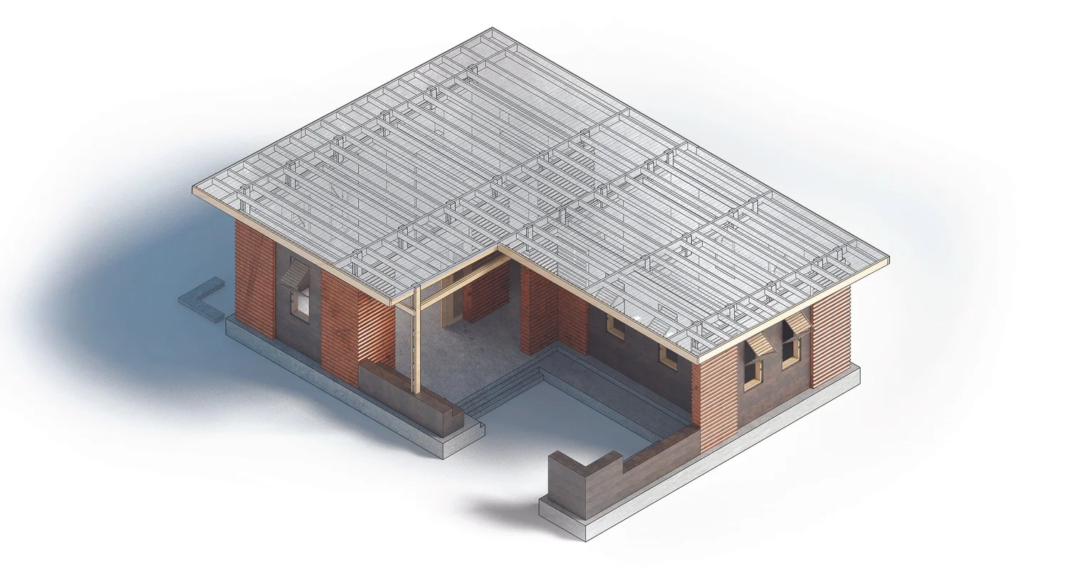 Rendering of the courtyard house with its roof frame