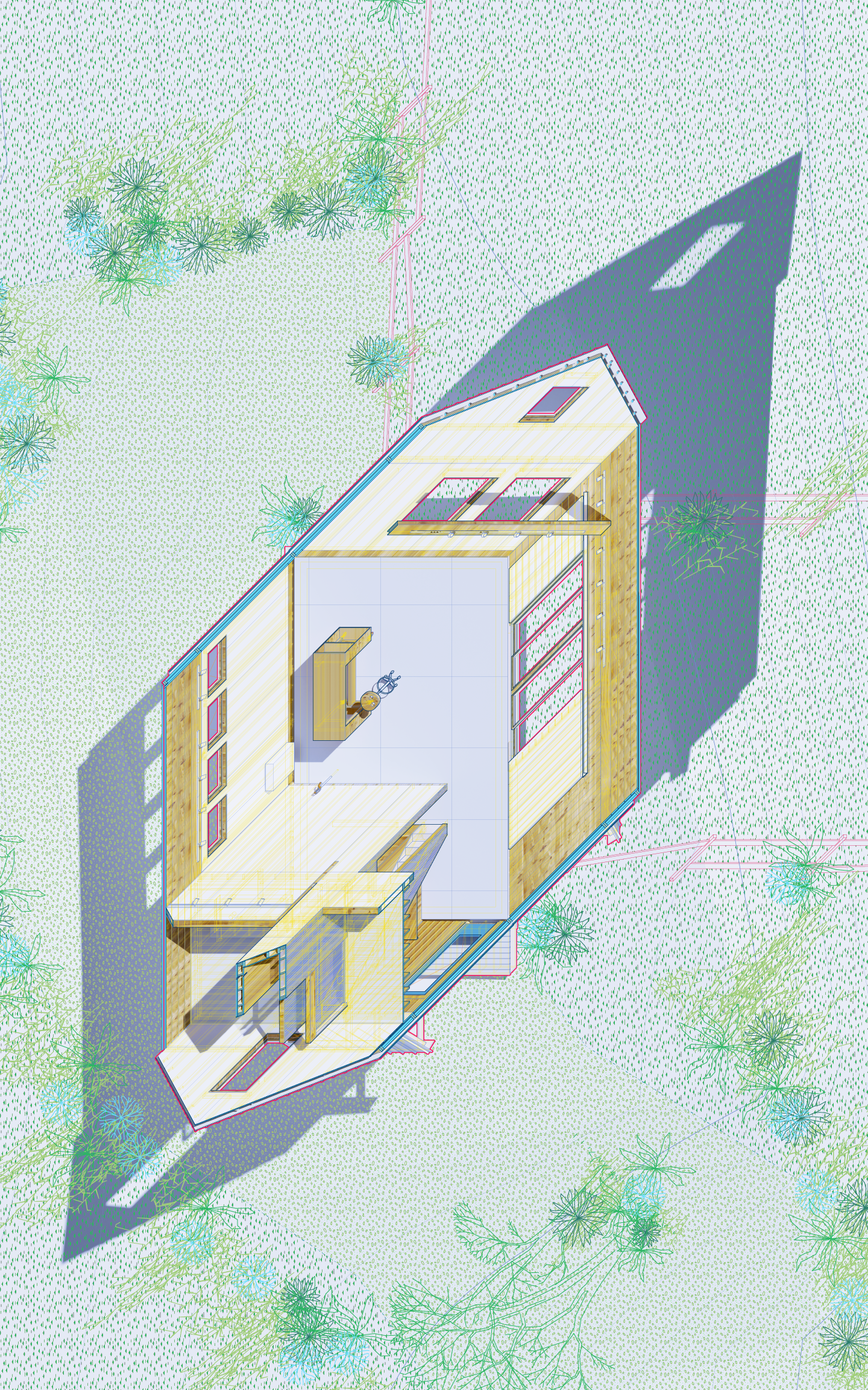 Axonometric drawing of the Barnard Barn showing interior layout with workspaces, kitchen, and storage, set against a site plan with trees and shading.