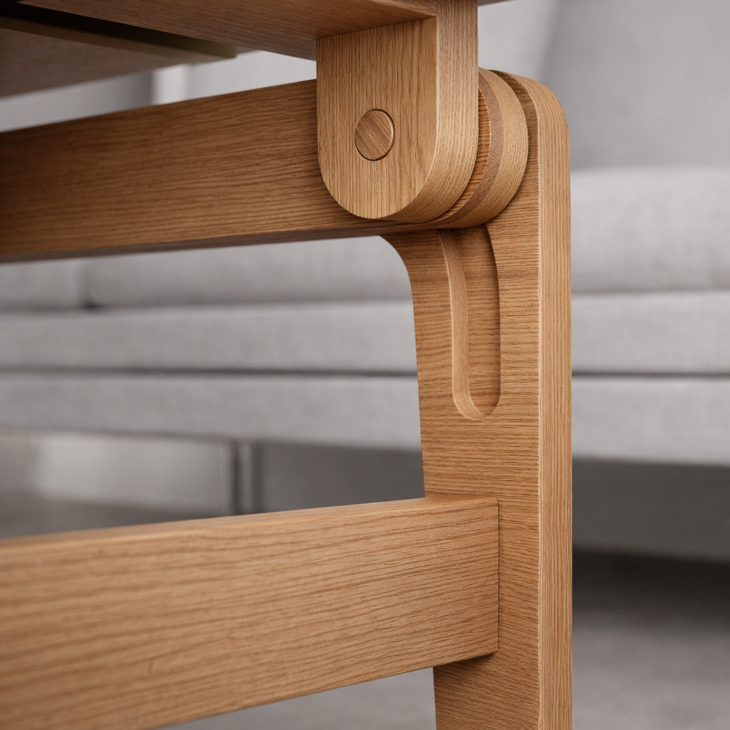 Detail view of the Folding Elevator dining table showing solid wood joinery, rounded hinge connection, and light maple grain