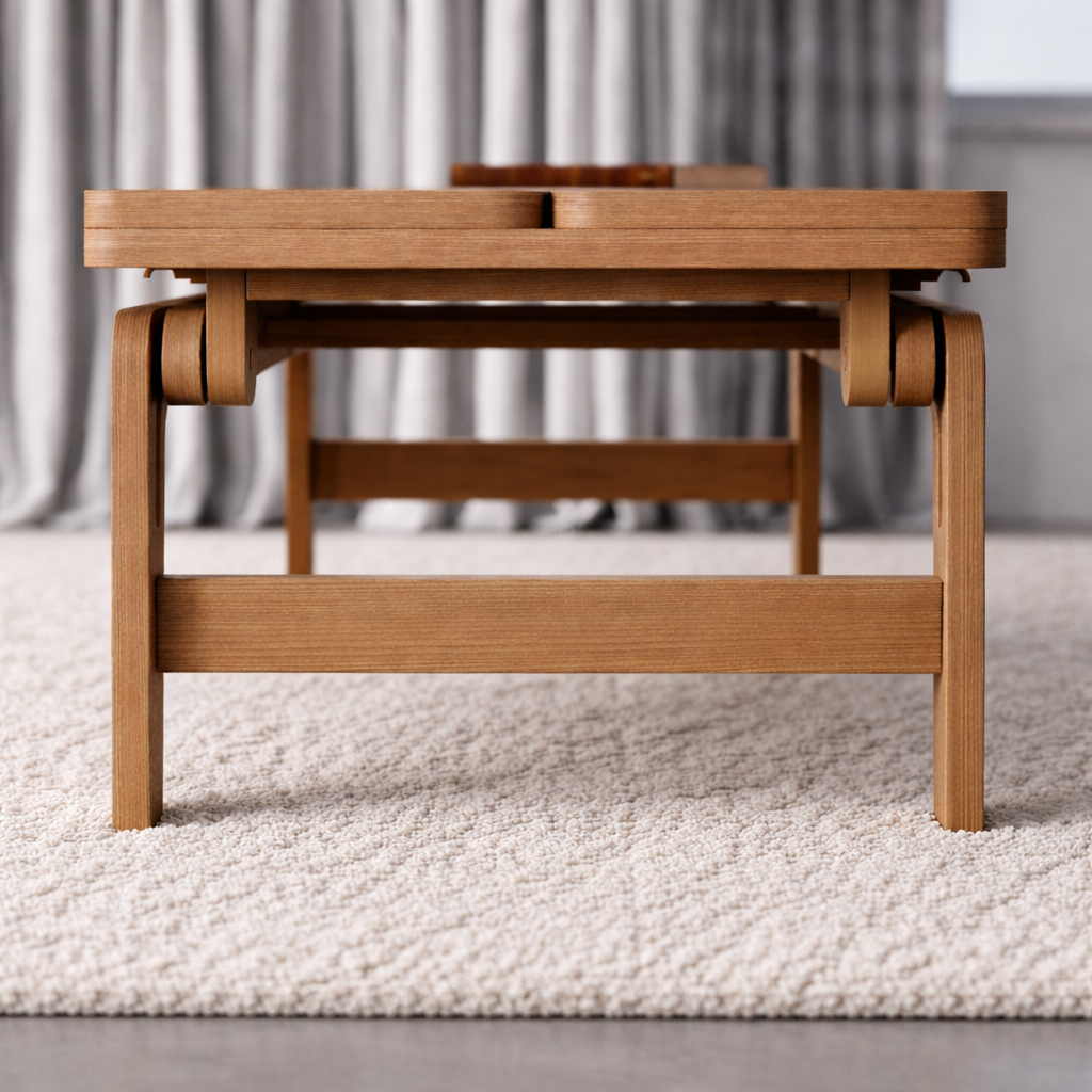 Folding Elevator dining table shown in its closed bench-like configuration in light maple wood on a textured rug