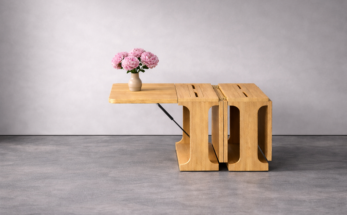 Folding Kenzan dining table shown partially folded, highlighting its transformable structure and integrated ikebana opening