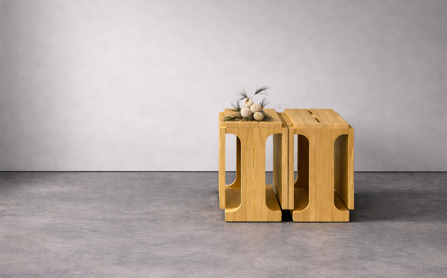 Folding Kenzan dining table fully closed into a compact sculptural form, with light maple wood and integrated display surface