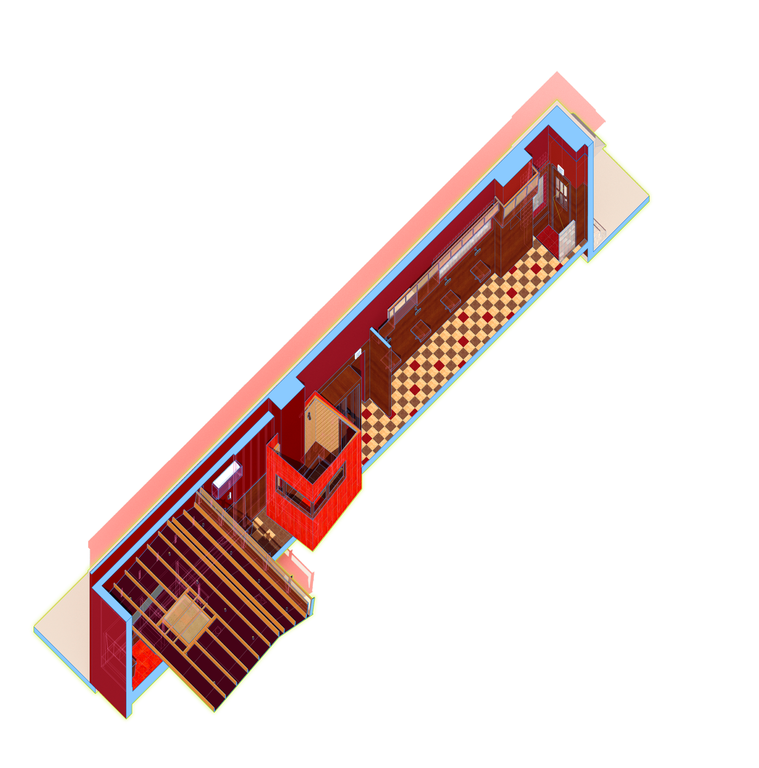 Axonometric drawing of Mr. Nancy’s bar and lounge layout, showing seating, bar counter, and circulation areas.