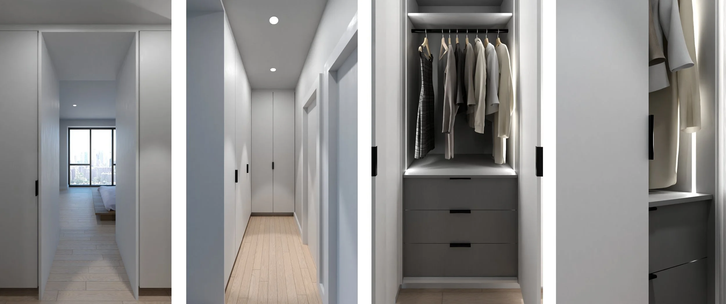 Interior render showing hallway and built in closet design for a New York City townhouse renovation.