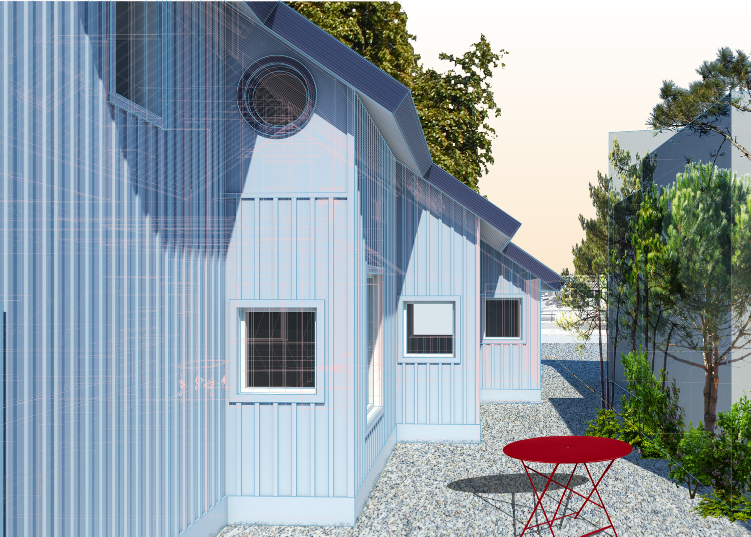 Rendering of Double Stair House showing a light blue exterior with vertical siding, sawtooth roofline, and circular attic window, accompanied by project description text.