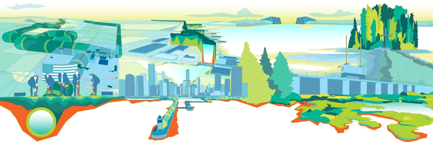Illustrated section drawing from The Great Lakes Architectural Expedition showing a city skyline, waterways, infrastructure, and green landscape elements in vibrant colors.