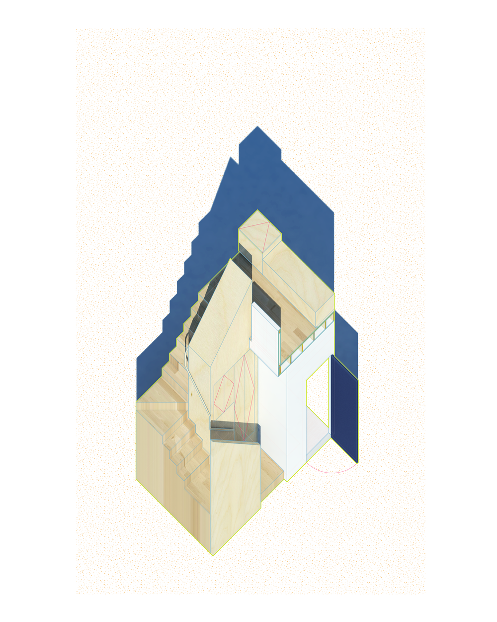 Axonometric cutaway drawing of Double Stair House highlighting the second stair core, framing, and sectional relationships.