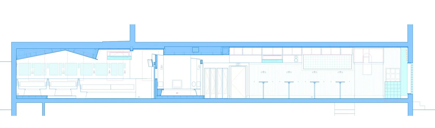 Architectural section drawing of Mr. Nancy’s interior showing bar counter, seating areas, and ceiling details.