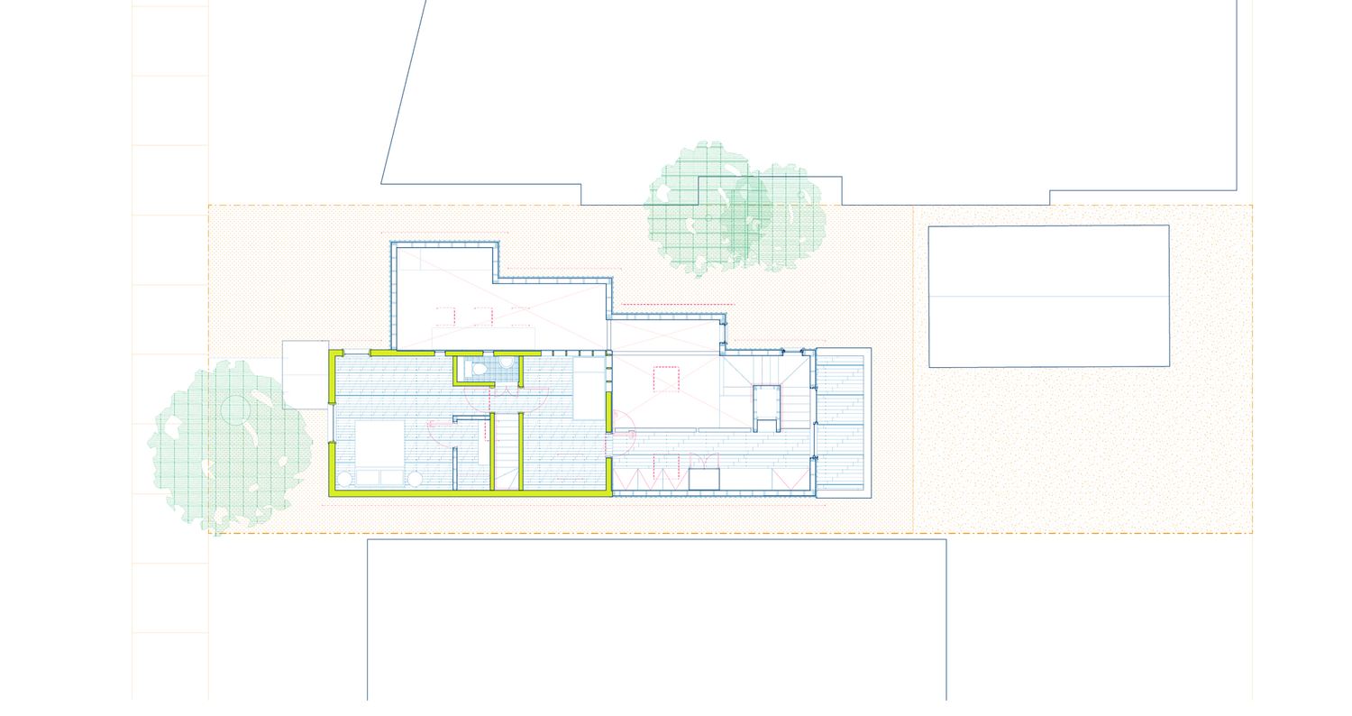 Detailed architectural floor plan of Double Stair House showing upper-level spaces, circulation, and connections to stair cores.