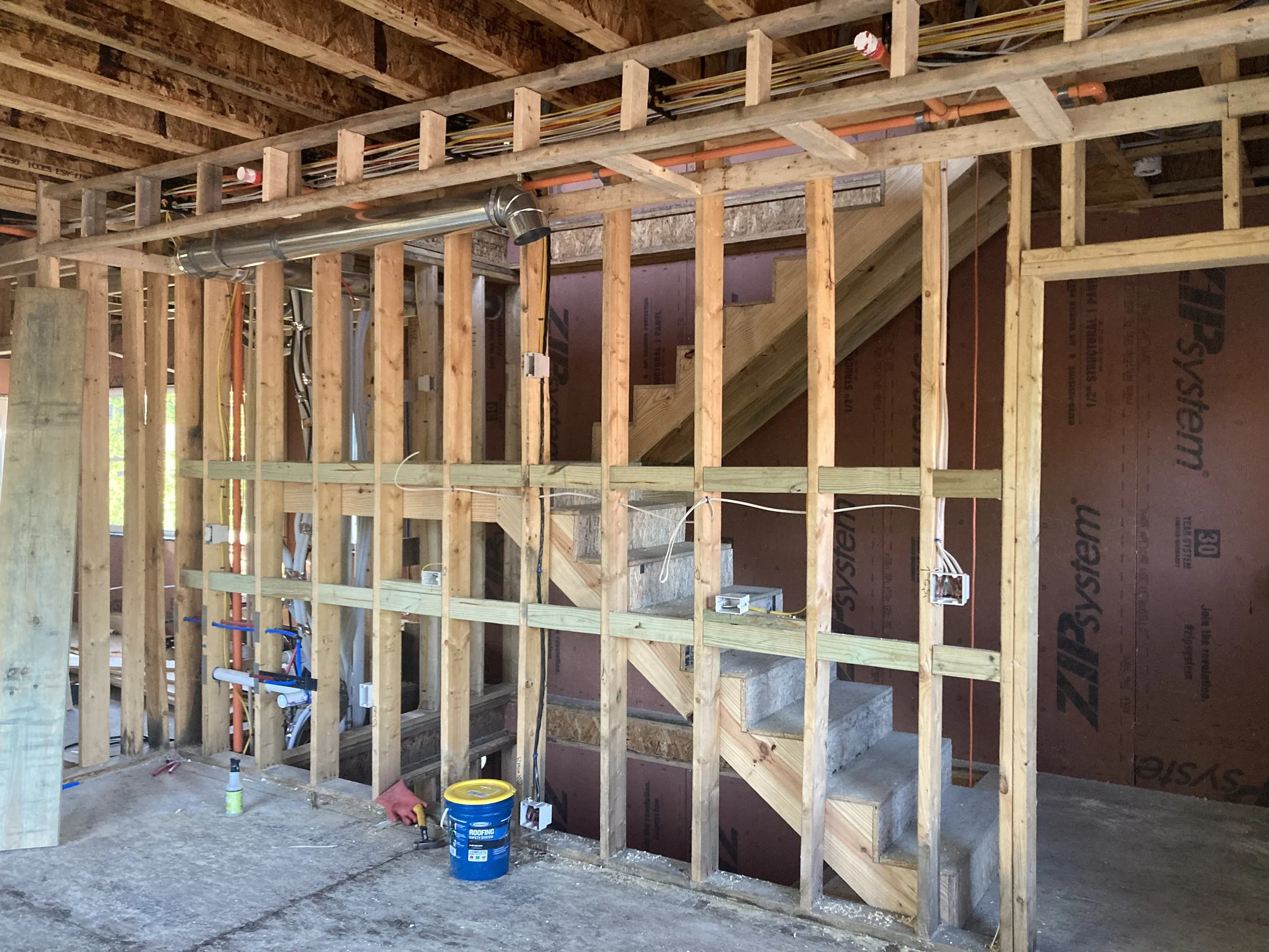 Wood framing during construction of a New York City townhouse renovation.