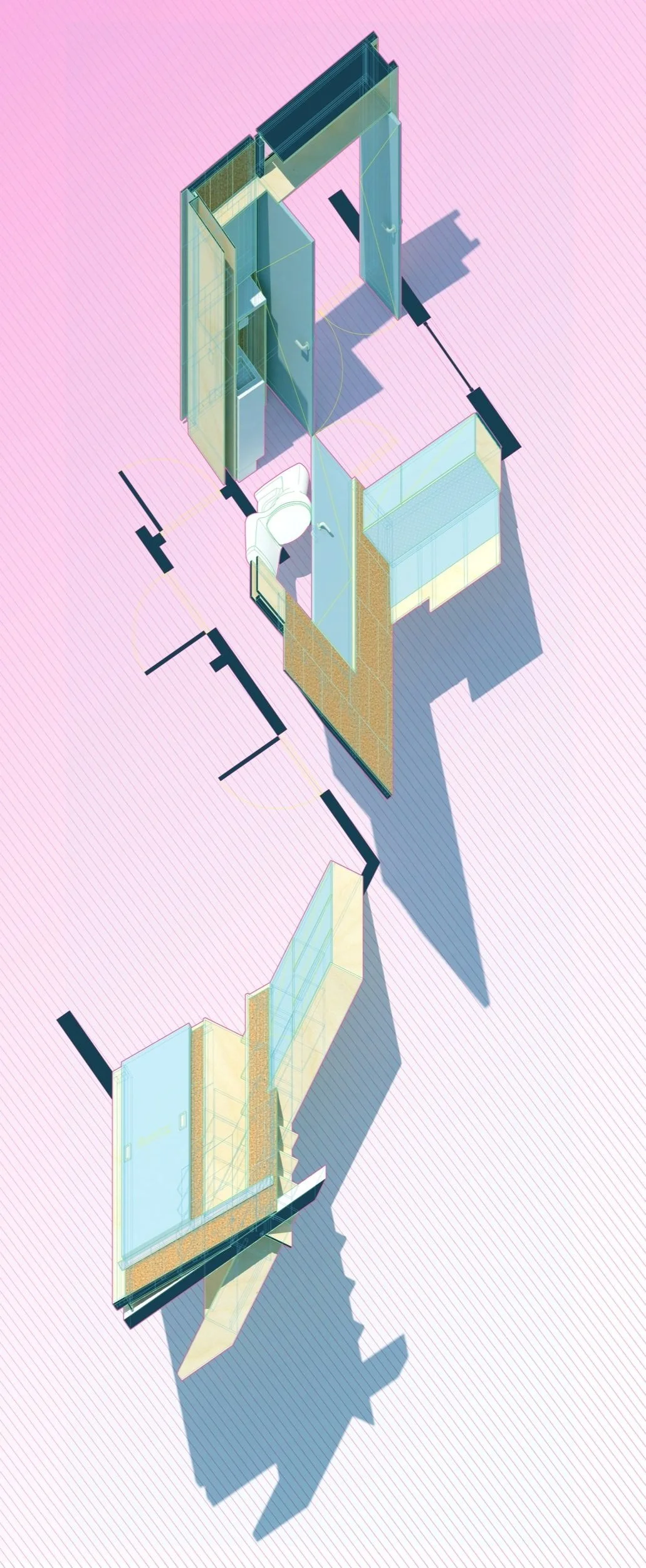 Axonometric drawing of Three Cork Walls project highlighting partitions, cork wall finishes, and spatial organization in pastel tones.