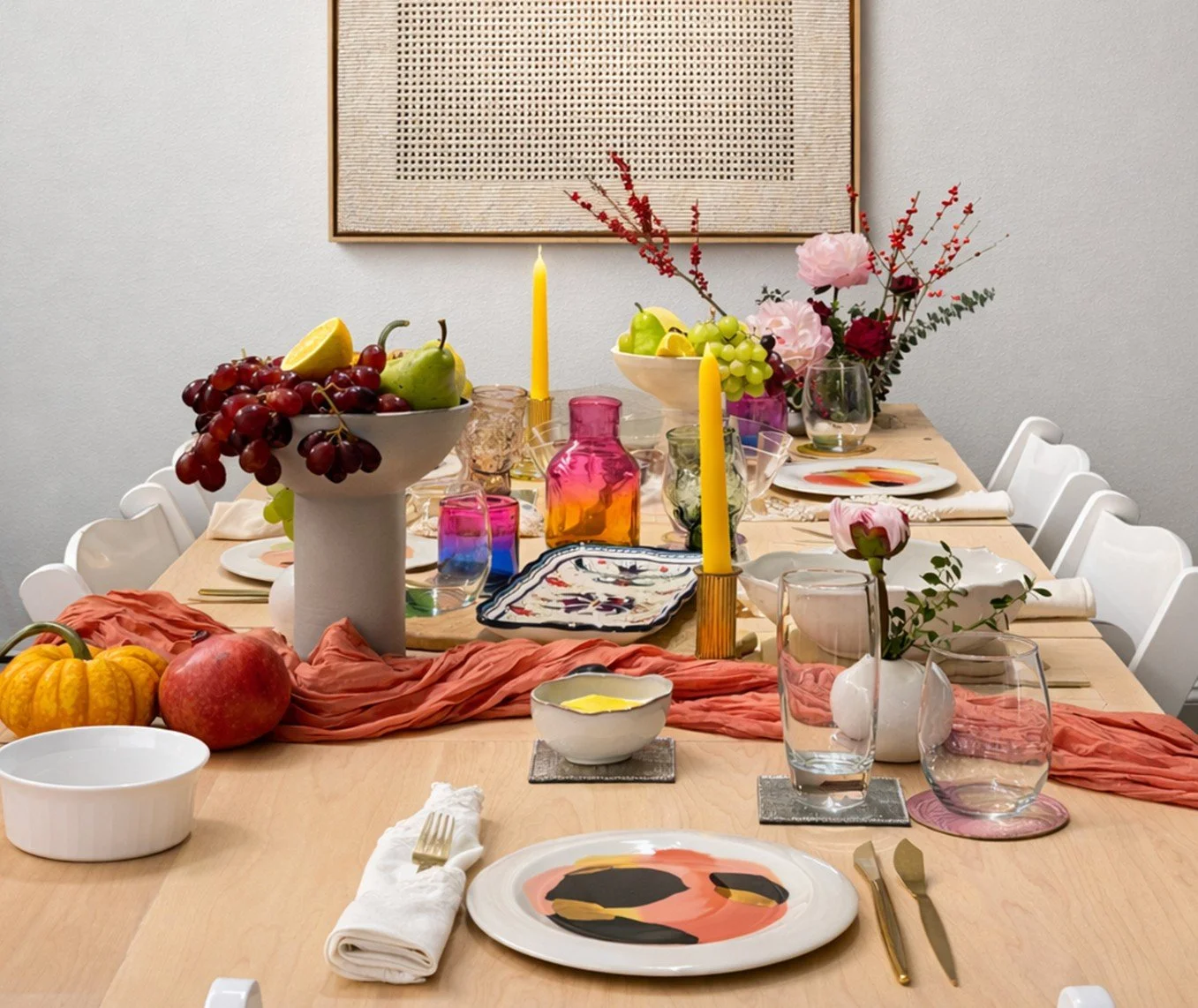 Folding dining table opened and set for a meal
