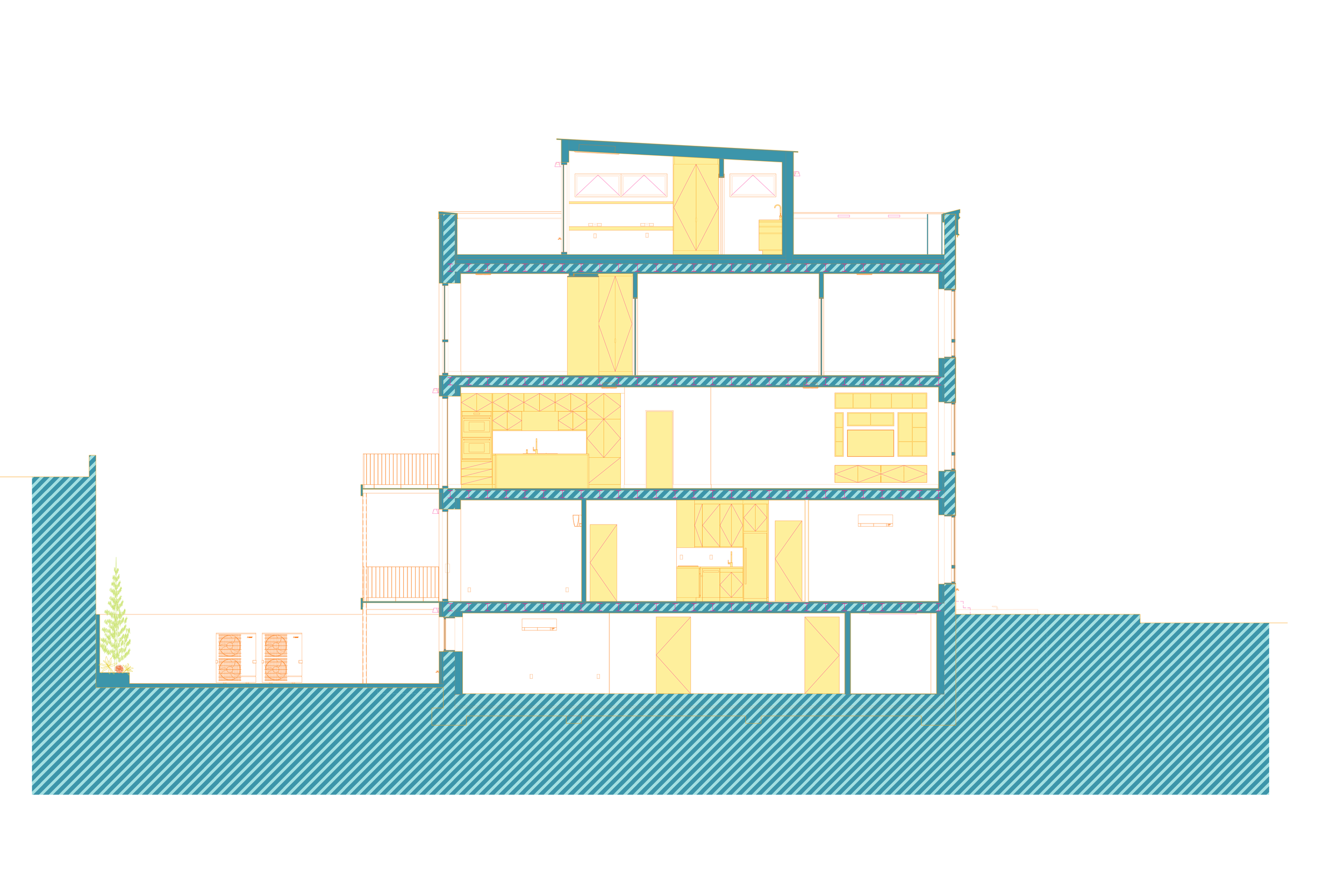 Architectural section drawing showing interior layout of a Brooklyn townhouse renovation