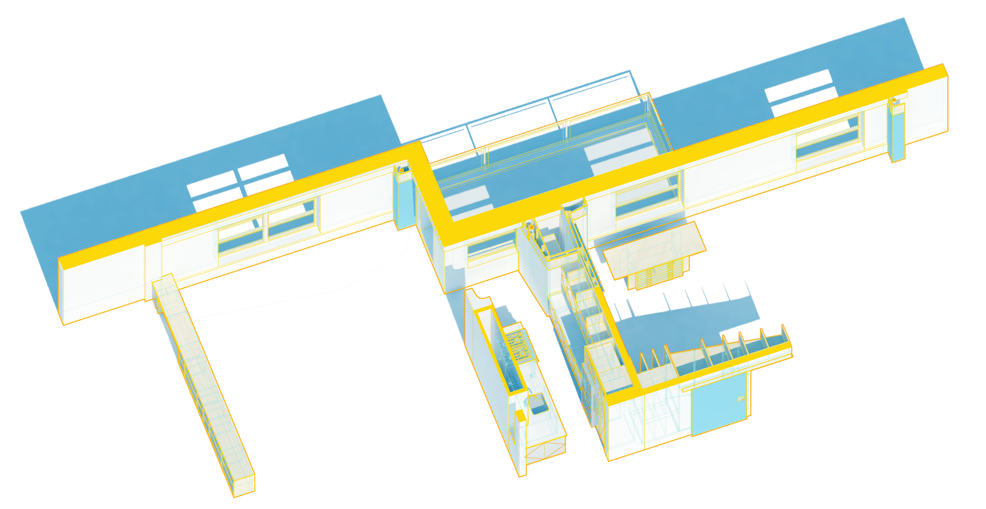 Axonometric architectural diagram of Harlem Studio showing spatial layout, partitions, and skylight features in blue and yellow linework.