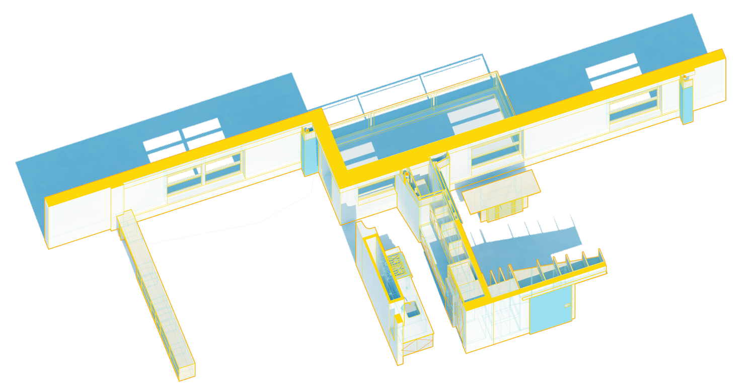 Axonometric architectural diagram of Harlem Studio showing spatial layout, partitions, and skylight features in blue and yellow linework.