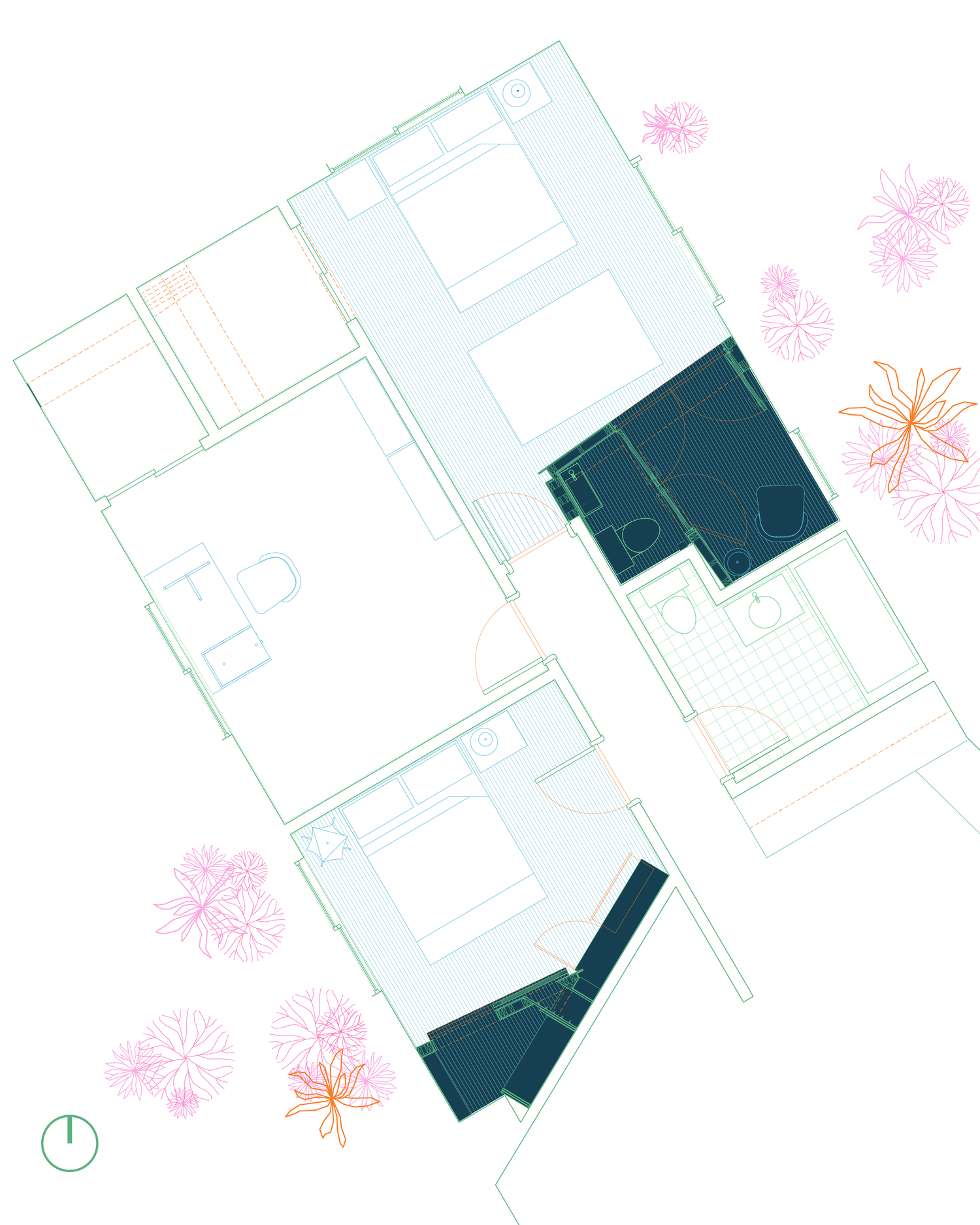Architectural floor plan of Three Cork Walls highlighting bedroom, bathroom, and entry layout with annotated dimensions and floral graphics in the margins.