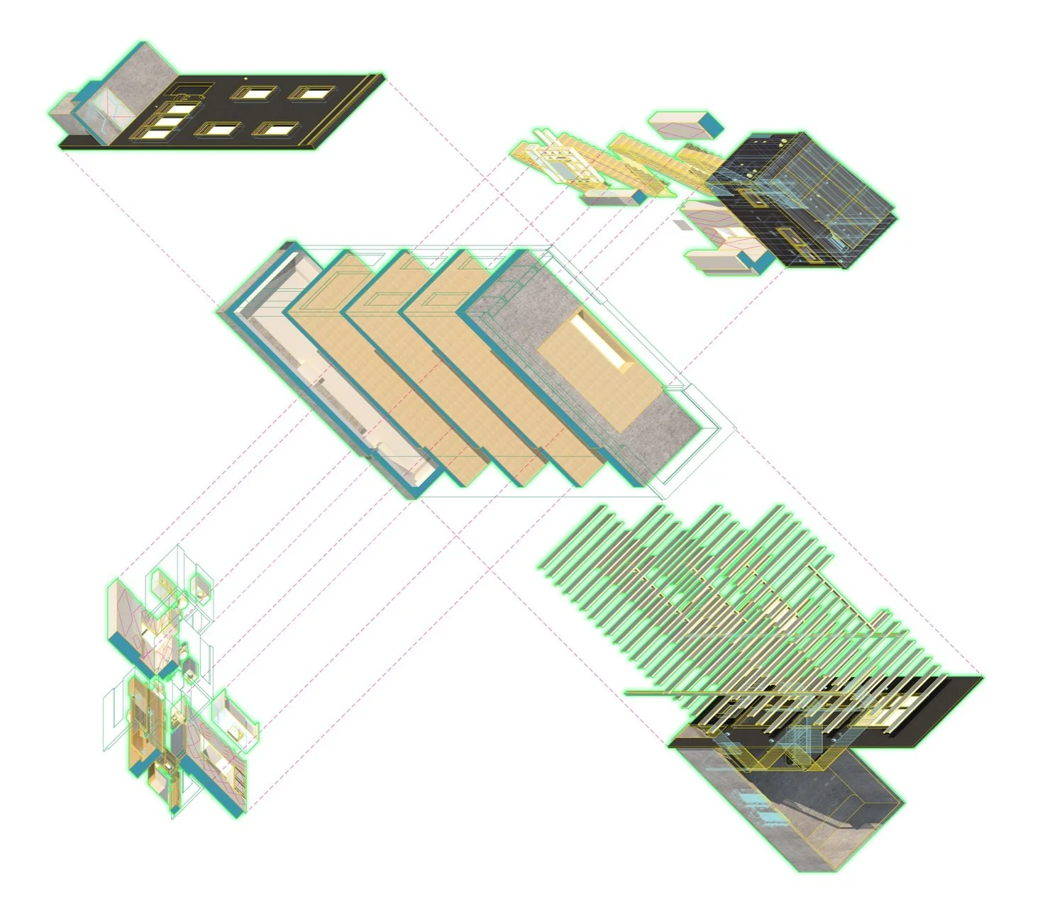 Exploded axonometric drawing of Narrow Townhouse, showing floor assemblies, framing, and structural systems in layered detail.