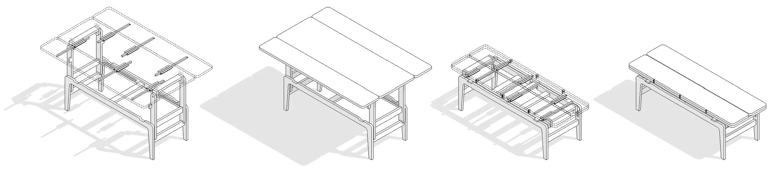 Axonometric diagrams of the Folding Elevator table illustrating internal structure, folding mechanisms, and open-to-closed configurations