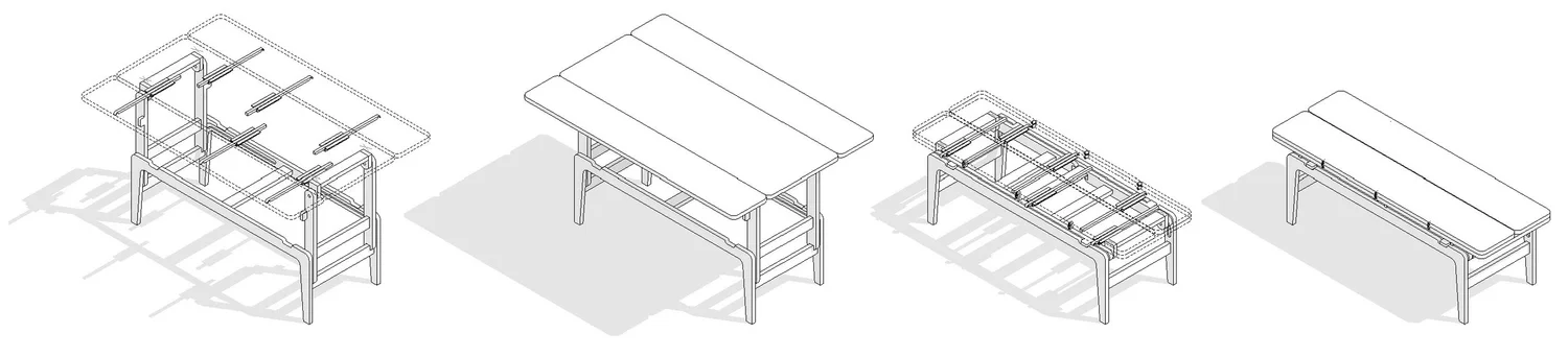 Axonometric diagrams of the Folding Elevator table illustrating internal structure, folding mechanisms, and open-to-closed configurations