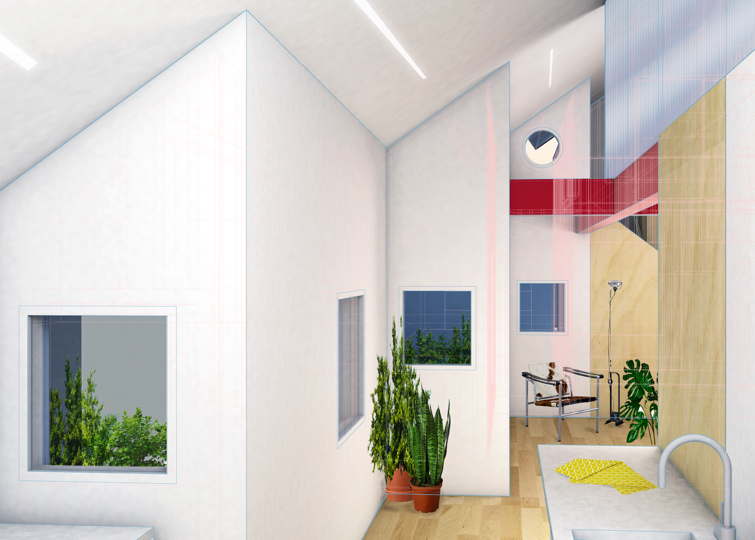 double stair house, interior rendering
