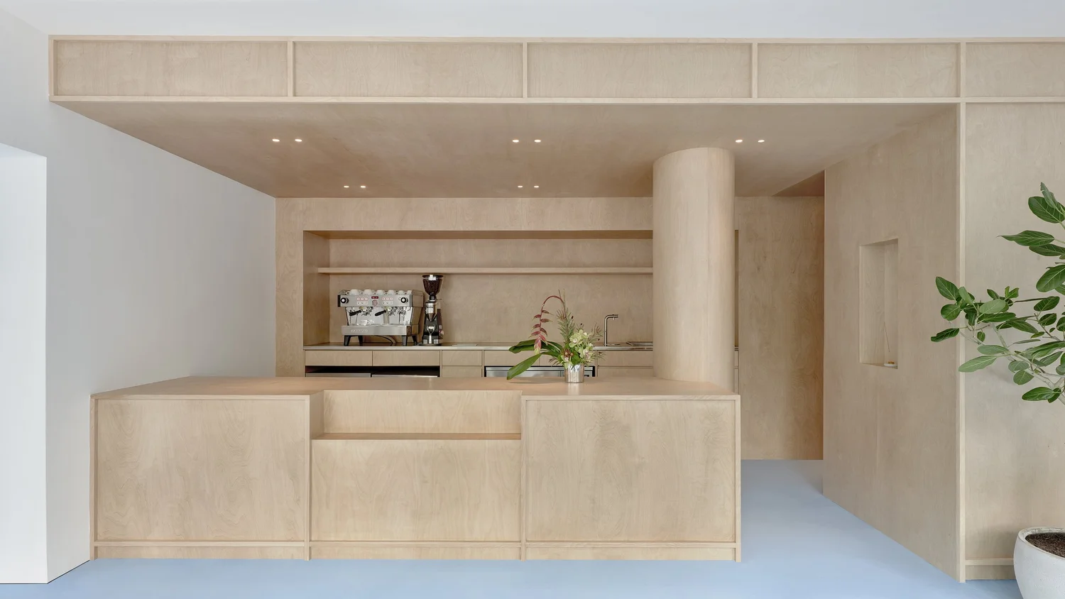 Madhappy, birch plywood counter, shelving niche and round column on a pale blue floor