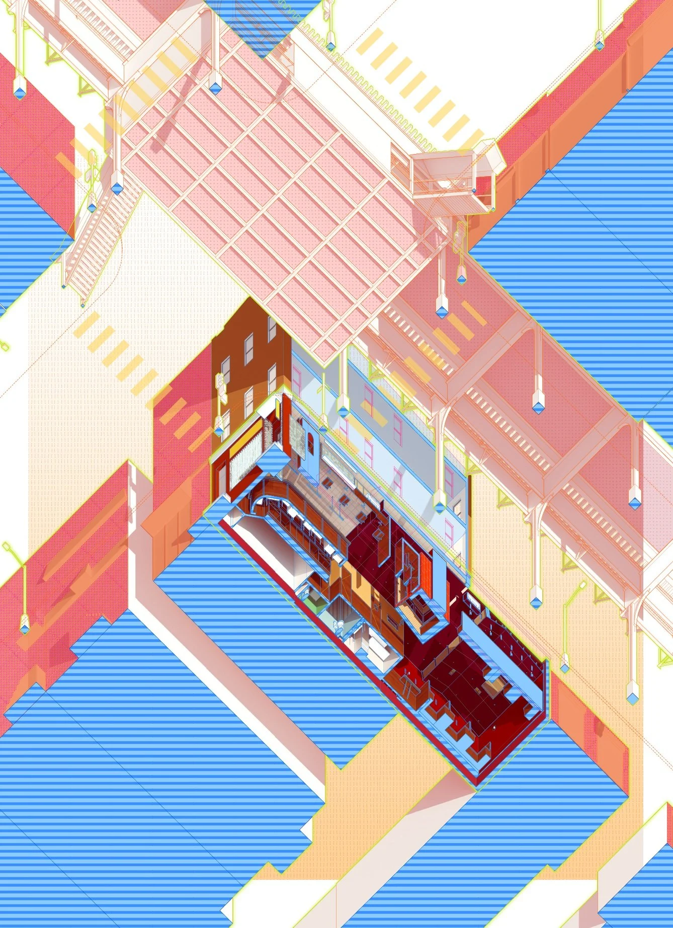 Colorful axonometric drawing of Mr. Nancy’s bar showing the interior layout, bar counter, seating areas, and structural context within the surrounding building.