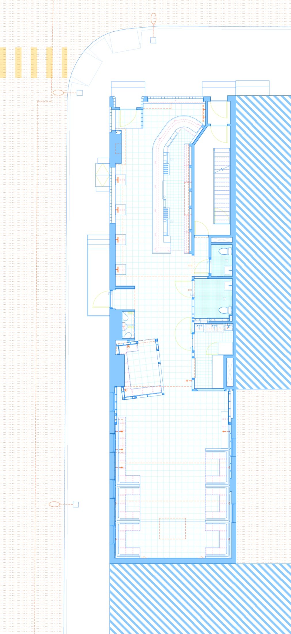 Architectural floor plan of Mr. Nancy’s bar showing layout of bar counter, seating areas, restrooms, and circulation.