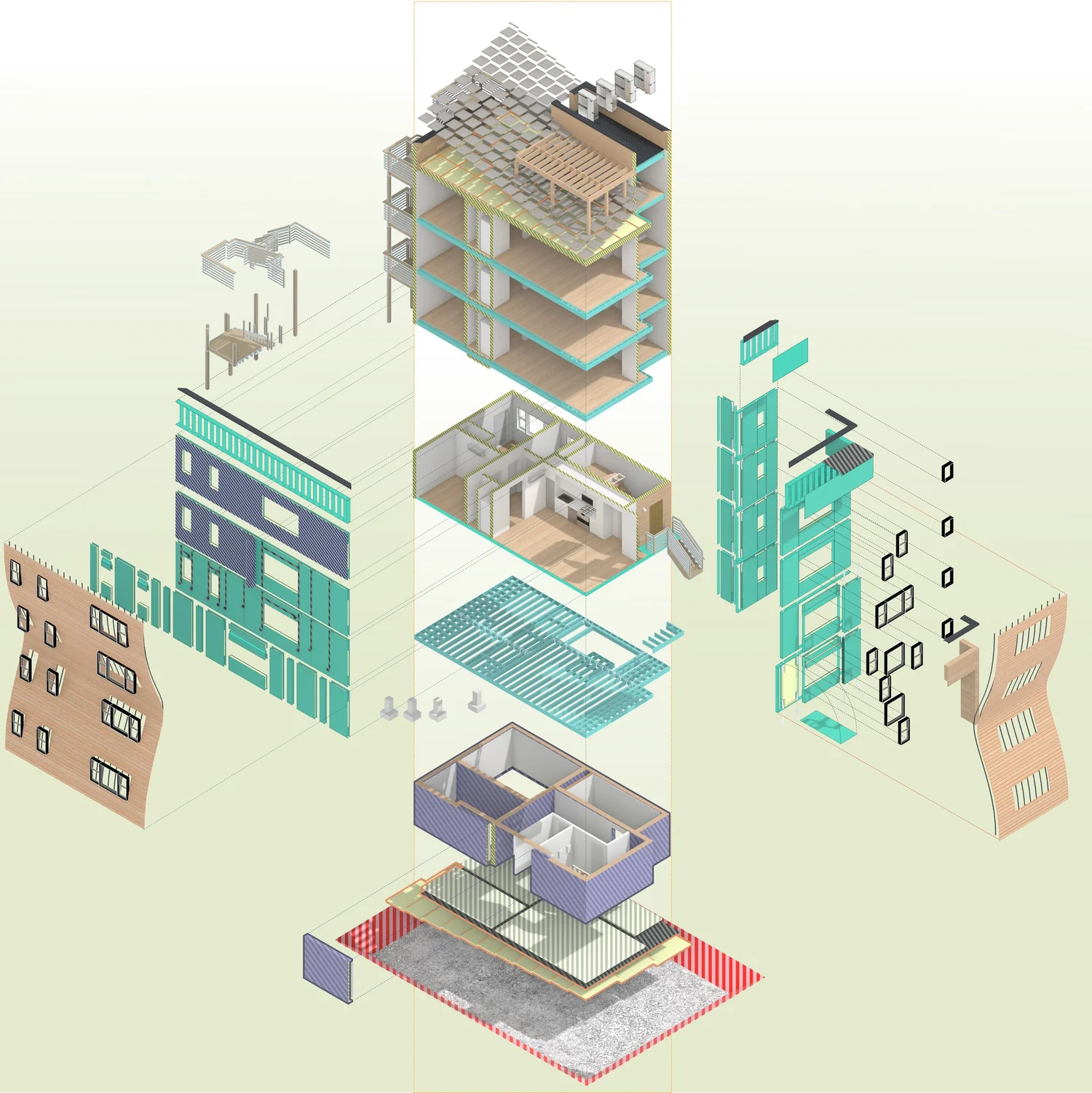 Swift Street Residences, Exploded isometric of individual structural insulated panels, pavers, joists, and foundation.