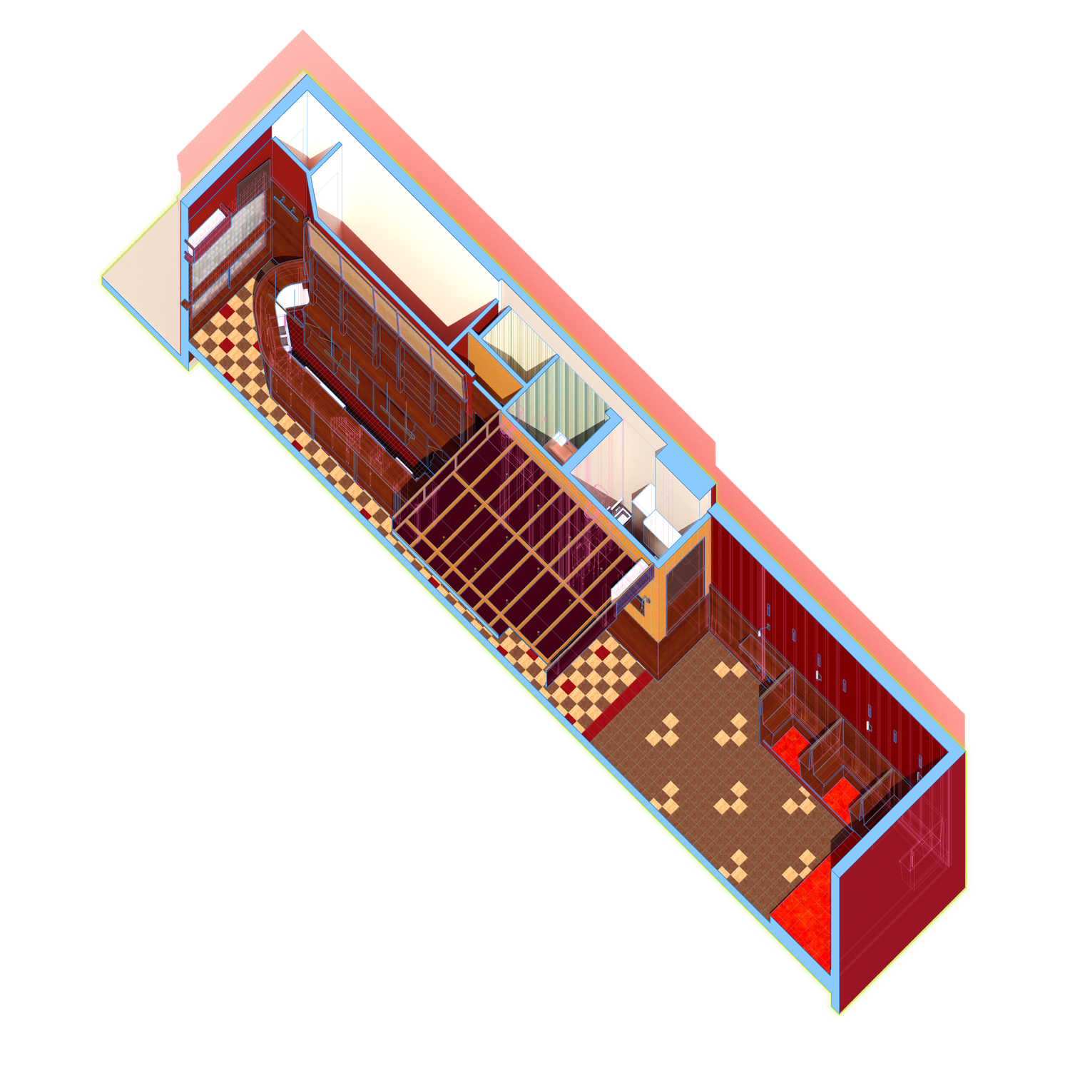 Axonometric drawing of Mr. Nancy’s interior, showing bar counter, seating areas, and floor layout.