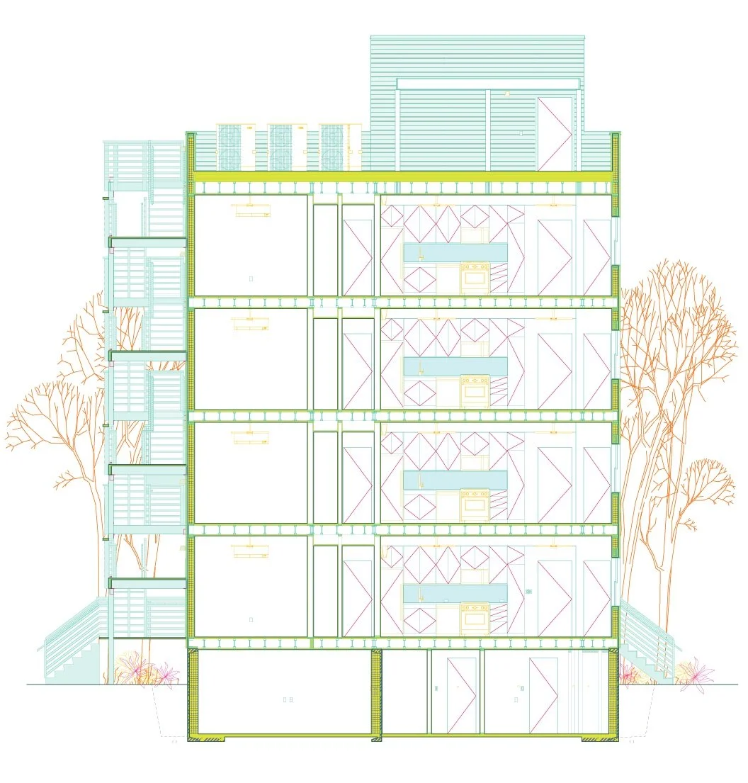 Architectural section drawing of Swift Street Residences, showing four floors of two-bedroom units, stair circulation, and rooftop garden.