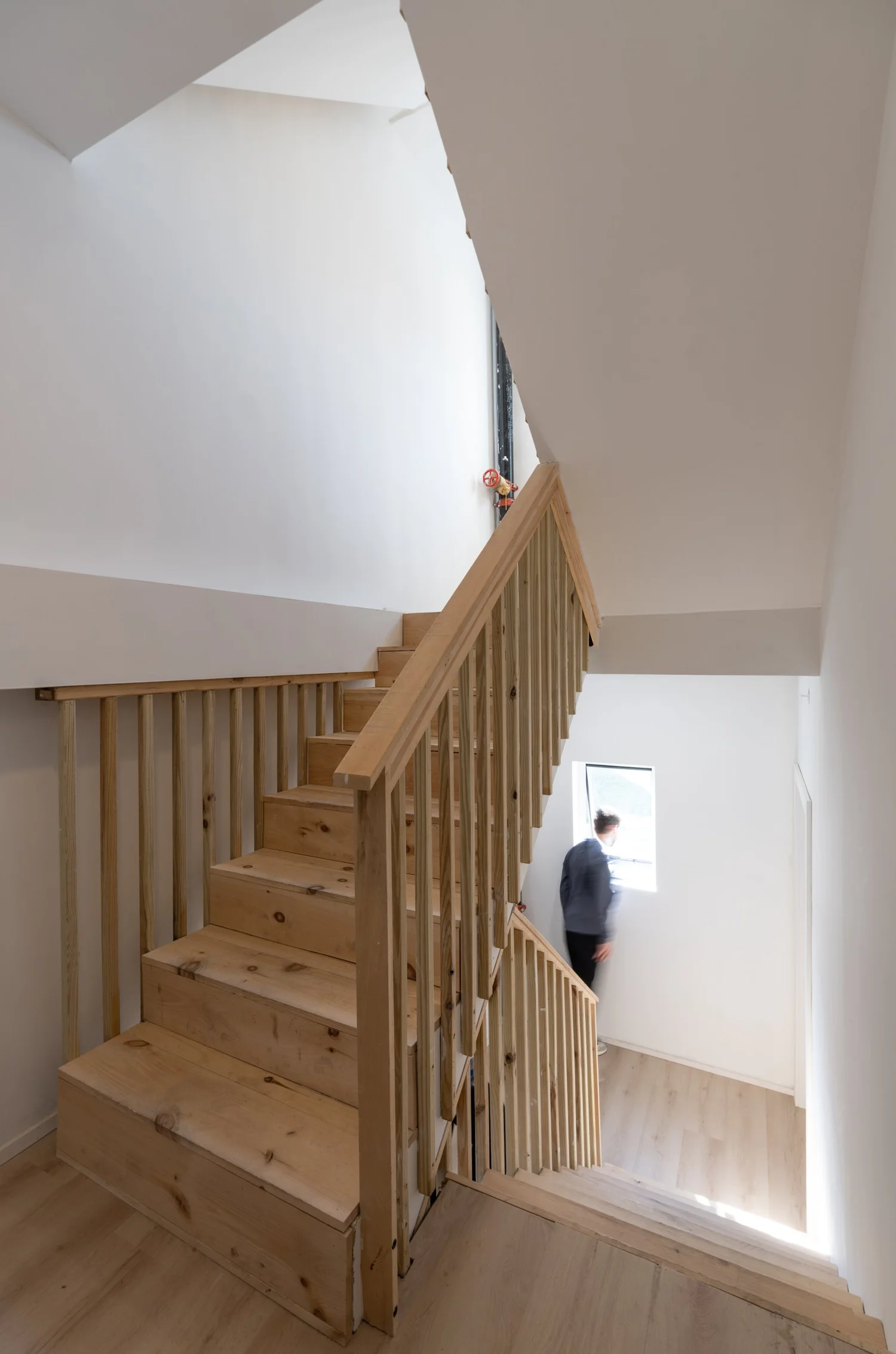 Interior stair at Swift Street Residences with a minimalist handrail and wood treads lit by natural light.