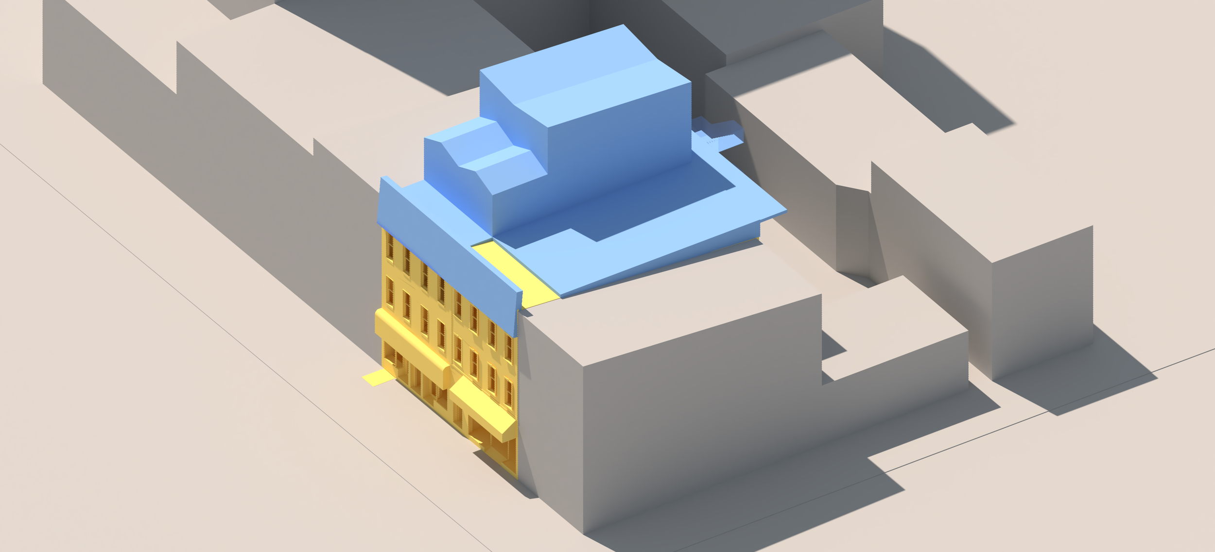 Massing study showing a proposed vertical extension on a Brooklyn townhouse.