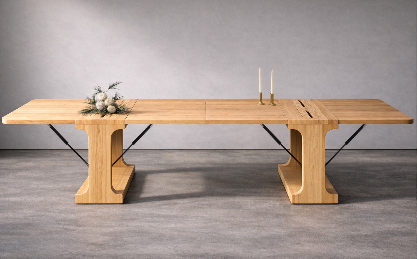 Folding Kenzan dining table fully extended in light maple wood, showing sculptural legs, concealed bracing, and integrated linear openings