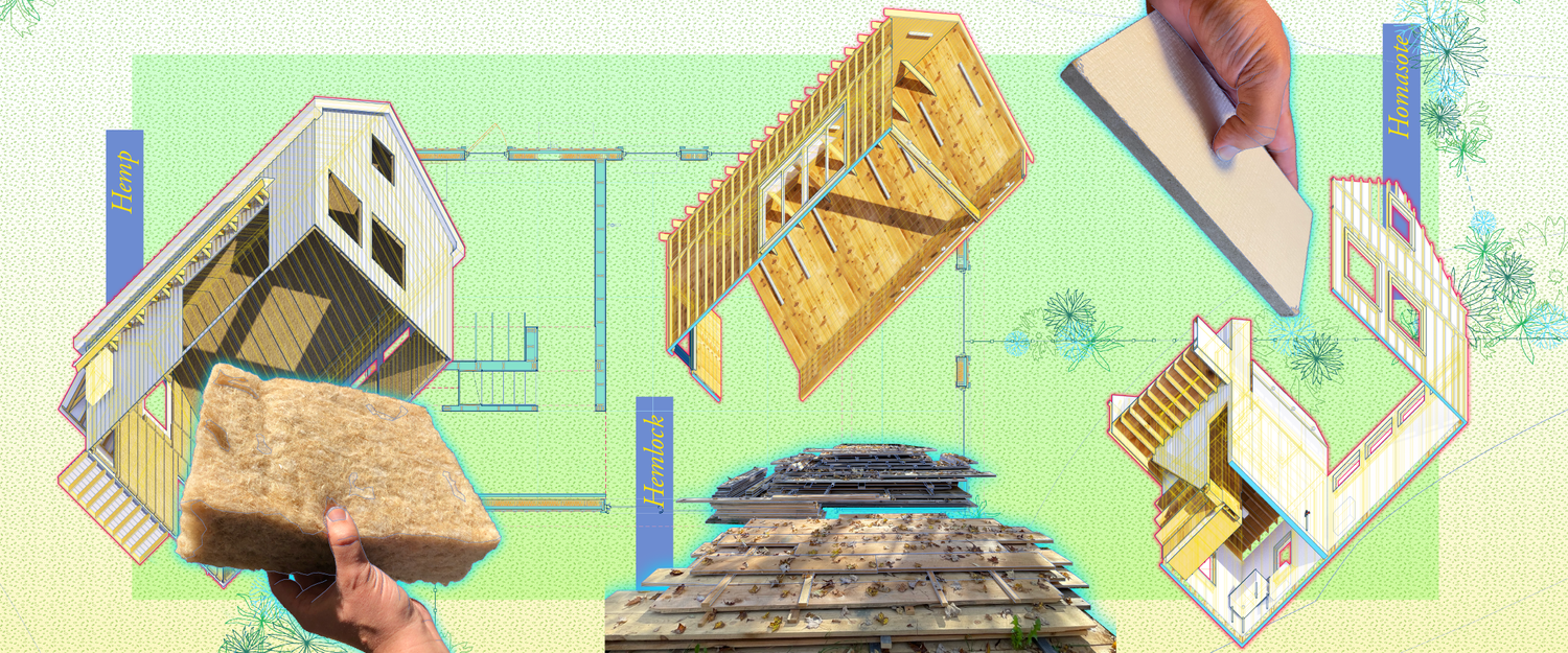 Exploded axonometric diagram of Barnard Barn construction showing structural framing, wall assemblies, and insulation layers with hemp and wood materials highlighted.