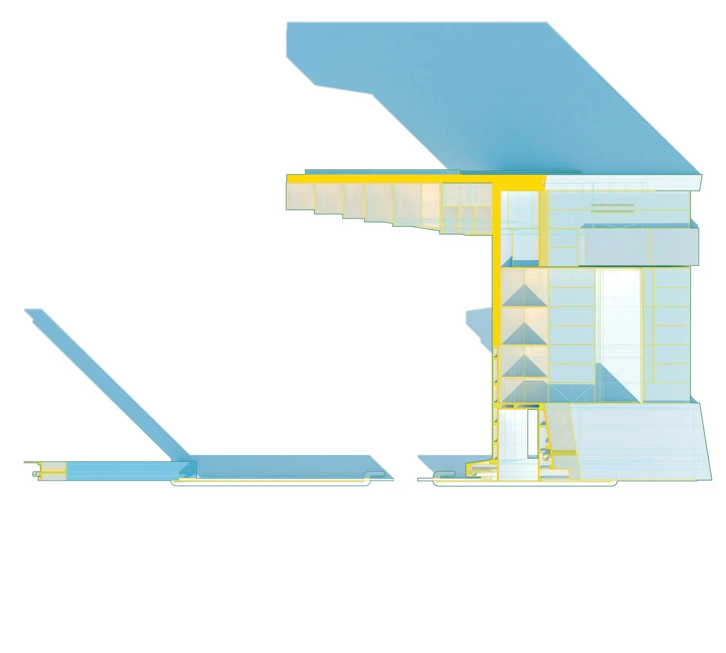 Axonometric section drawing of Harlem Studio kitchen highlighting cabinetry arrangement, shelving, and integrated storage solutions.