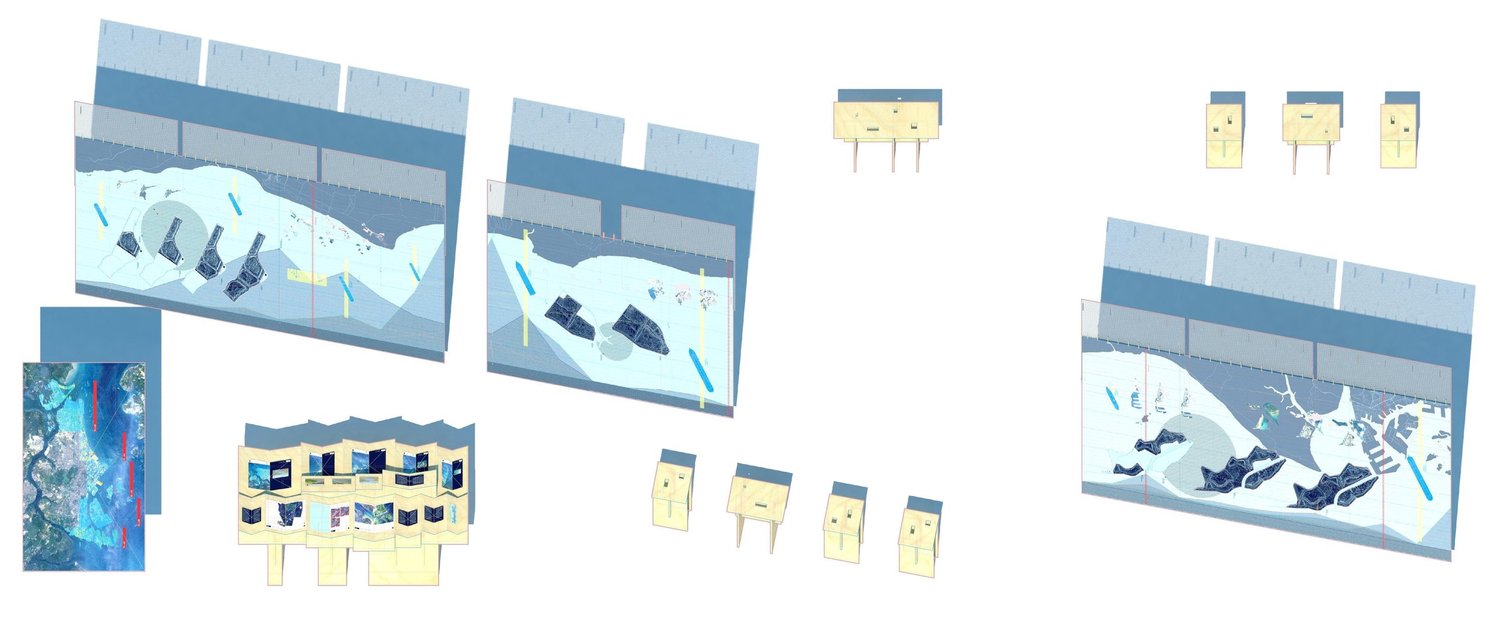 Diagrammatic layout from Territories of Territory Extraction illustrating wall graphics, maps, and stepped display tables with research materials.