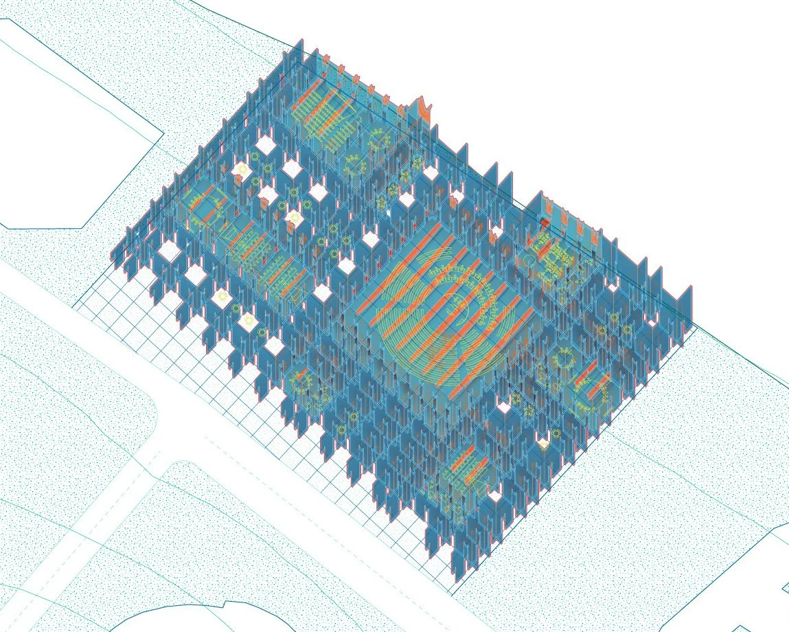 Axonometric diagram from The Great Lakes Architectural Expedition depicting a large grid-like architectural structure with blue and red detailing.