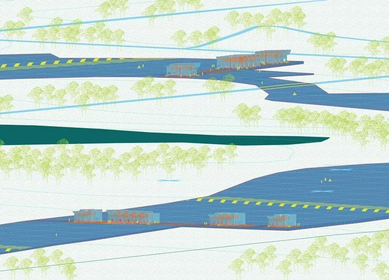 Illustrated section drawing from The Great Lakes Architectural Expedition showing layered landscapes, waterways, and architectural structures in profile.