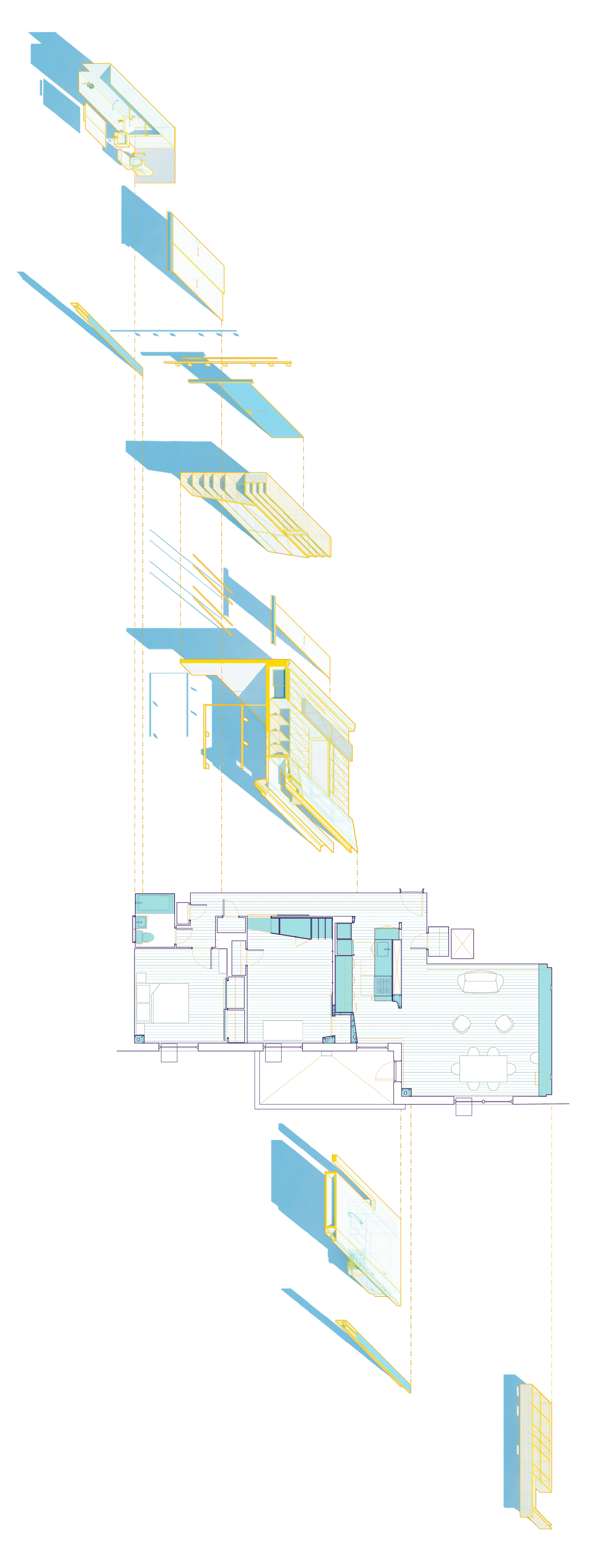 Exploded axonometric drawing with floor plan of Harlem Studio, showing custom partitions, cabinetry, and integrated storage systems.
