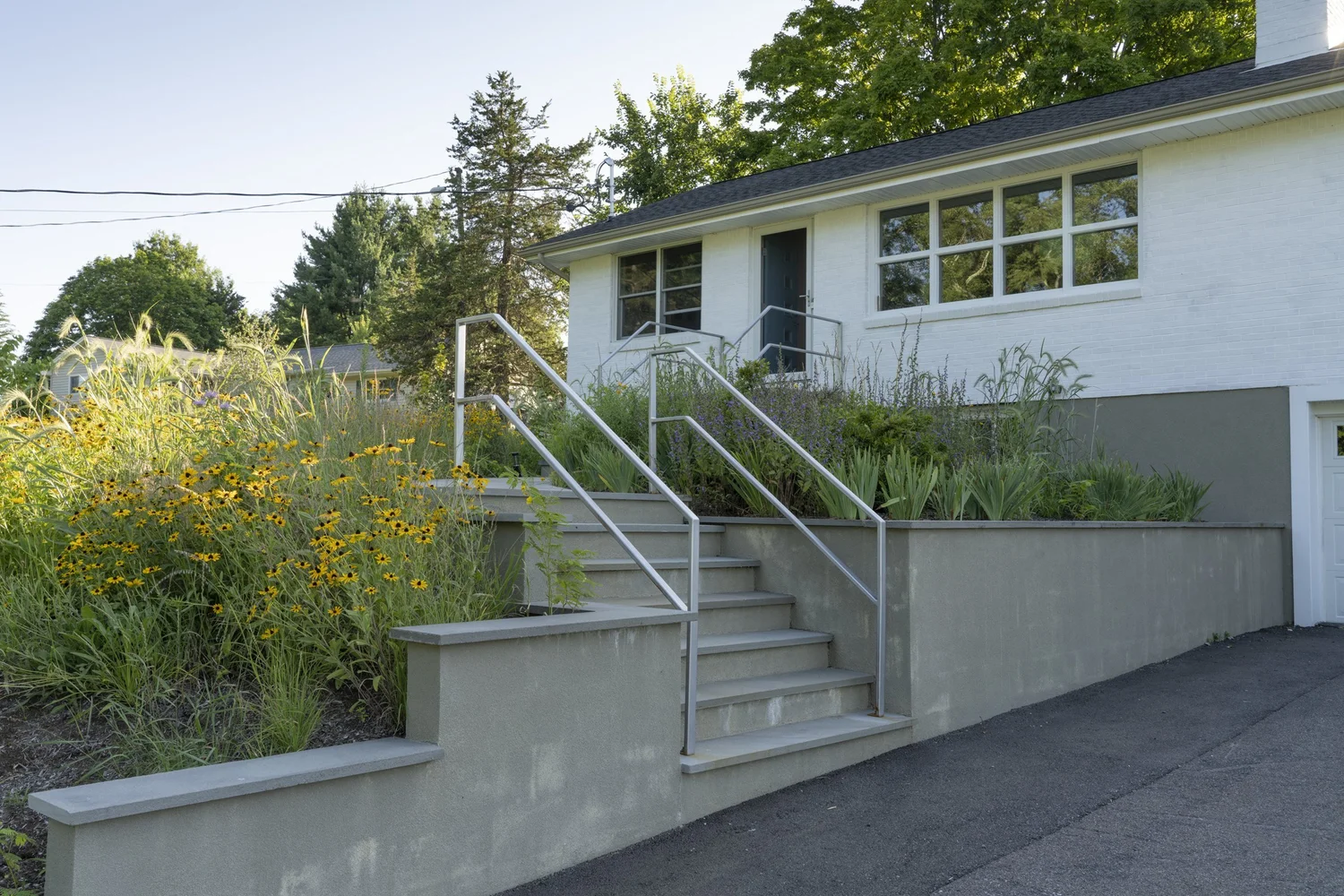 Drumlin House, entry stair and garden from the drive