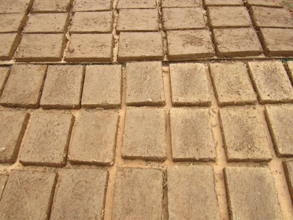 Close-up of compressed earth blocks used as ceiling tiles in the Mudhouse.