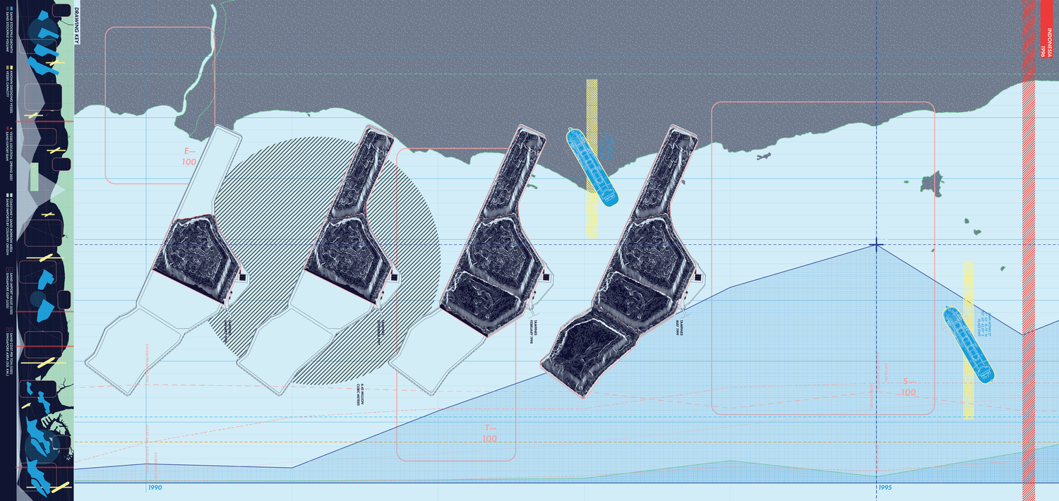 Wall graphic from Territories of Territory Extraction showing dark landmass forms overlaid on a blue grid with diagrammatic notations.