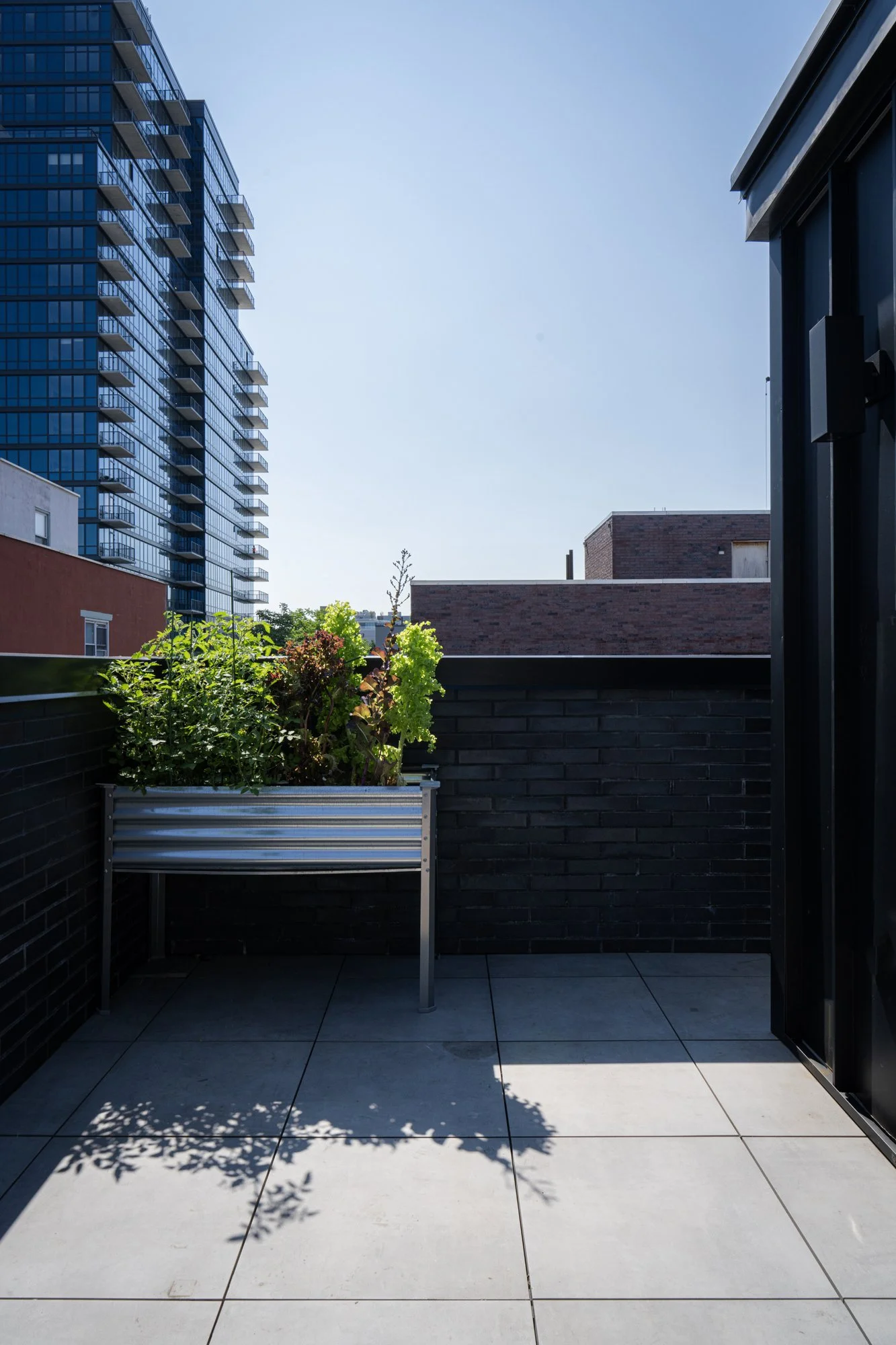 Rooftop terrace of Narrow Townhouse with dark brick parapet walls, concrete pavers, and a raised planter with greenery overlooking Brooklyn.