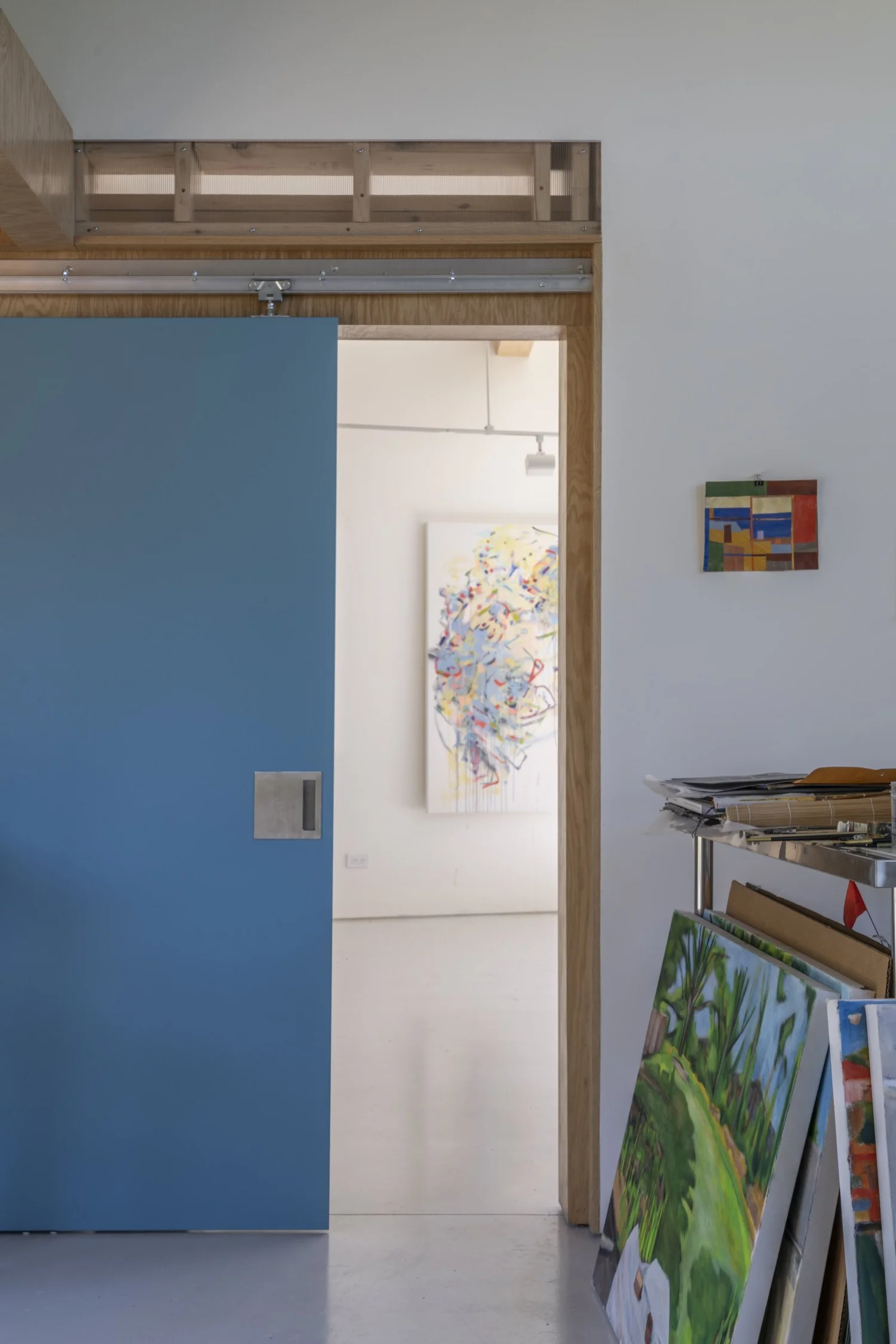 Hemp Art Studio, blue sliding door between the studios