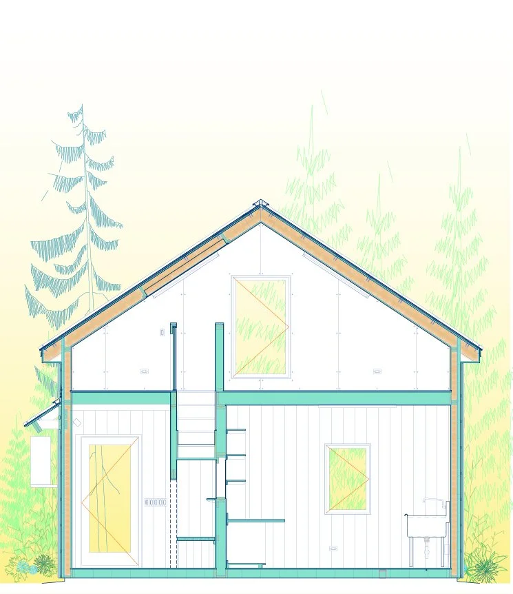 Architectural section drawing of Barnard Barn, showing the entry door, interior stair to the loft, and upper floor layout with windows on both levels. The drawing highlights structural framing, walls, and fenestration.