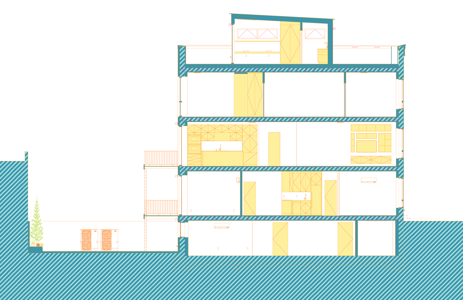 Architectural section drawing of Narrow Townhouse, showing four floors with kitchen, living spaces, bedrooms, and roof terrace layout.