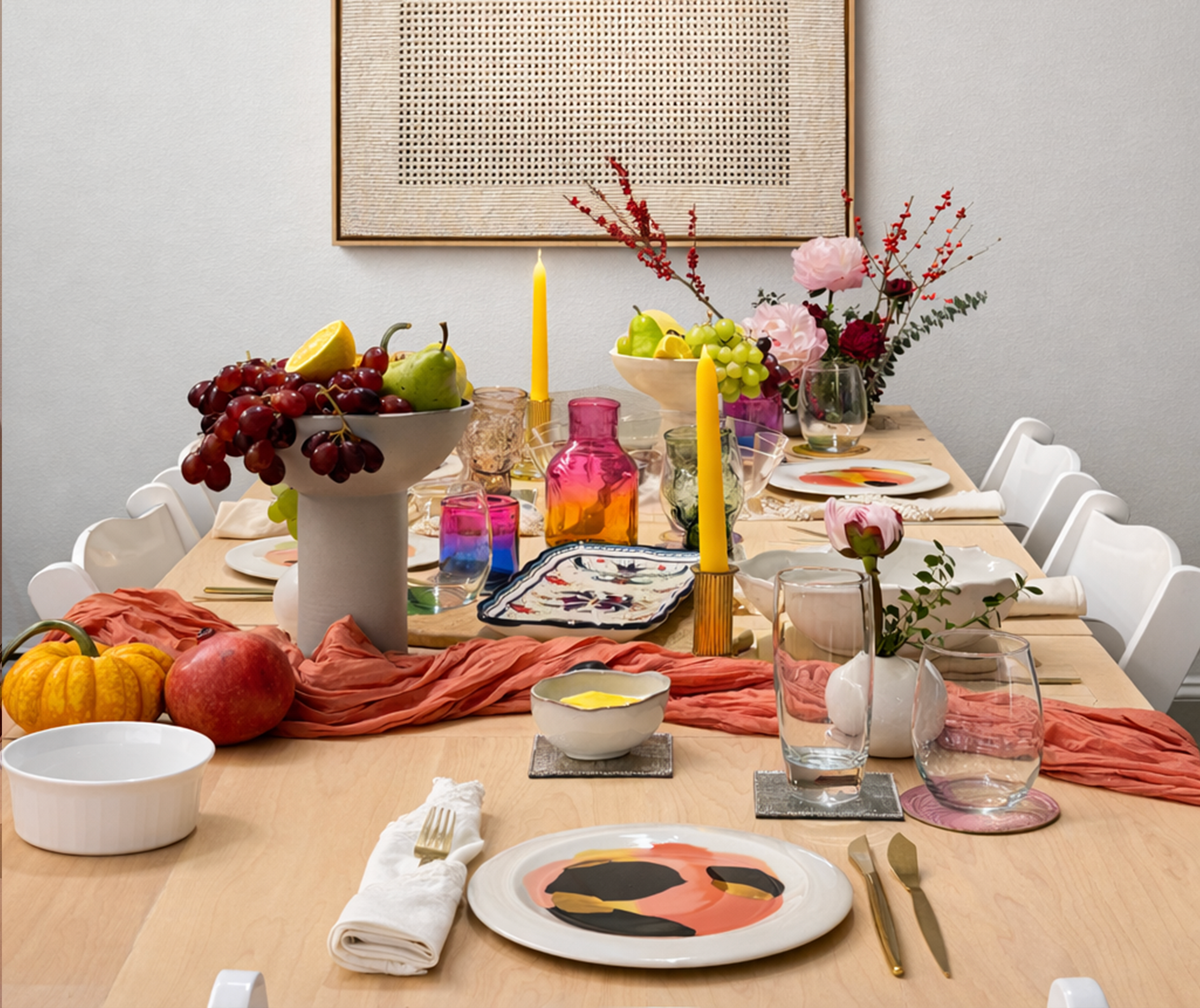 Folding Kenzan dining table with integrated ikebana trough, maple wood surface, and minimalist flatware setting