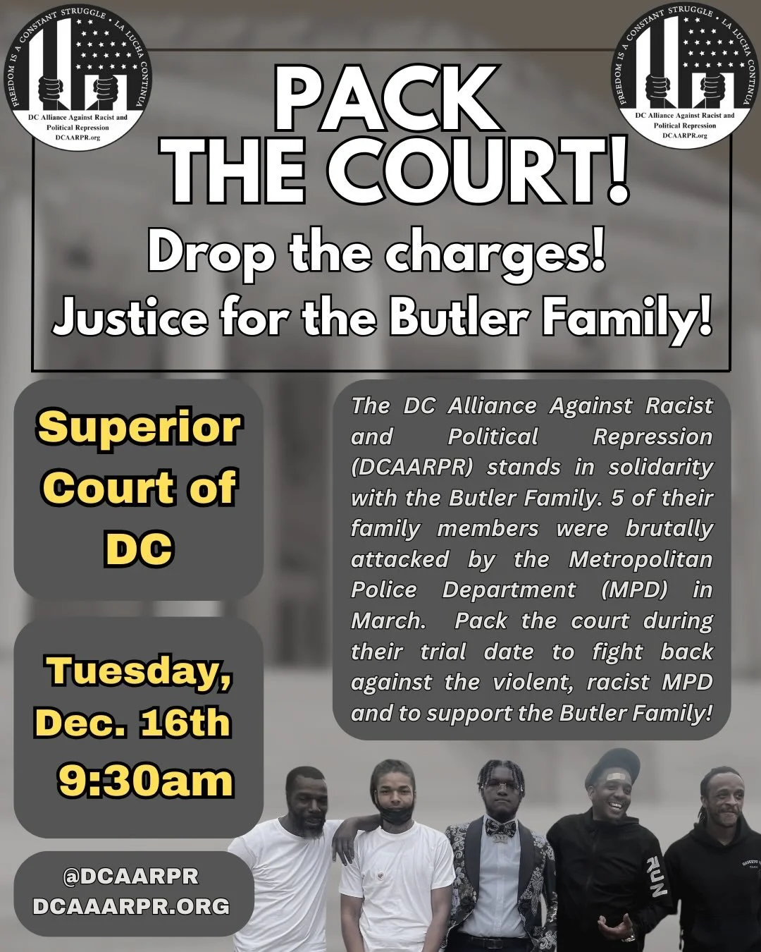 TOMORROW: PACK THE COURT!! Join DCAARPR at DC Superior Court (Courtroom 317), 9:30 am to support the Butler family as they fight against racist police violence. DM us for more info and to coordinate! 

Justice for the Butler family! Drop the charges!
