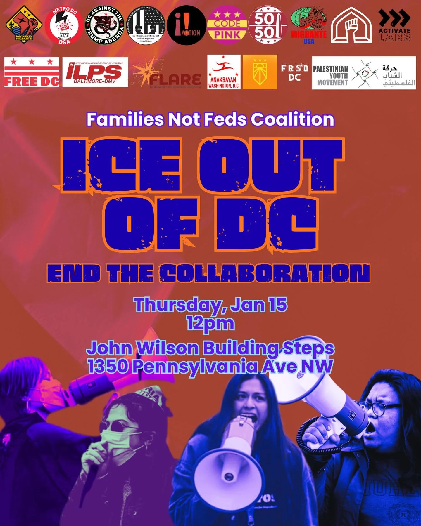 🚨RALLY ALERT🚨 
From Minneapolis to DC, we denounce the violence perpetuated by ICE. DC leaders must step up and end the ongoing collaboration between MPD and Federal Agencies, NOW! Join us this Thursday! 

🗓️: Thursday, January 15th
⏰: 12pm 
📍: J