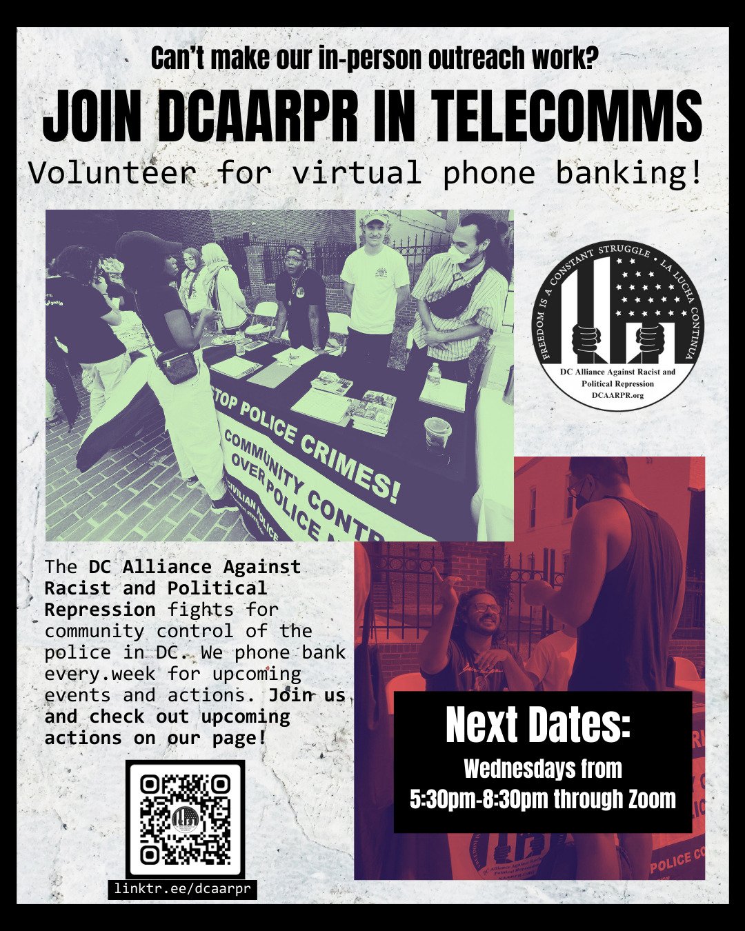 Want to get involved in the fight against police crimes in DC? Join us for an afternoon of outreach. We meet weekly Wednesday's (virtually) and Friday's, with a special tabling event this Sunday. Tap in, hope to see you there!